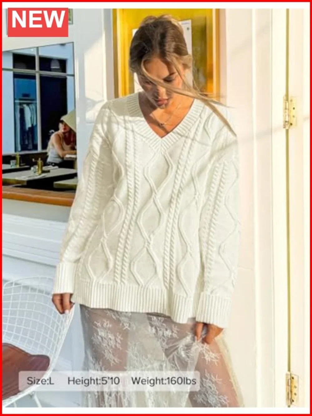 Cable Knit V-Neck Oversized Sweater Long Sleeve Pullover